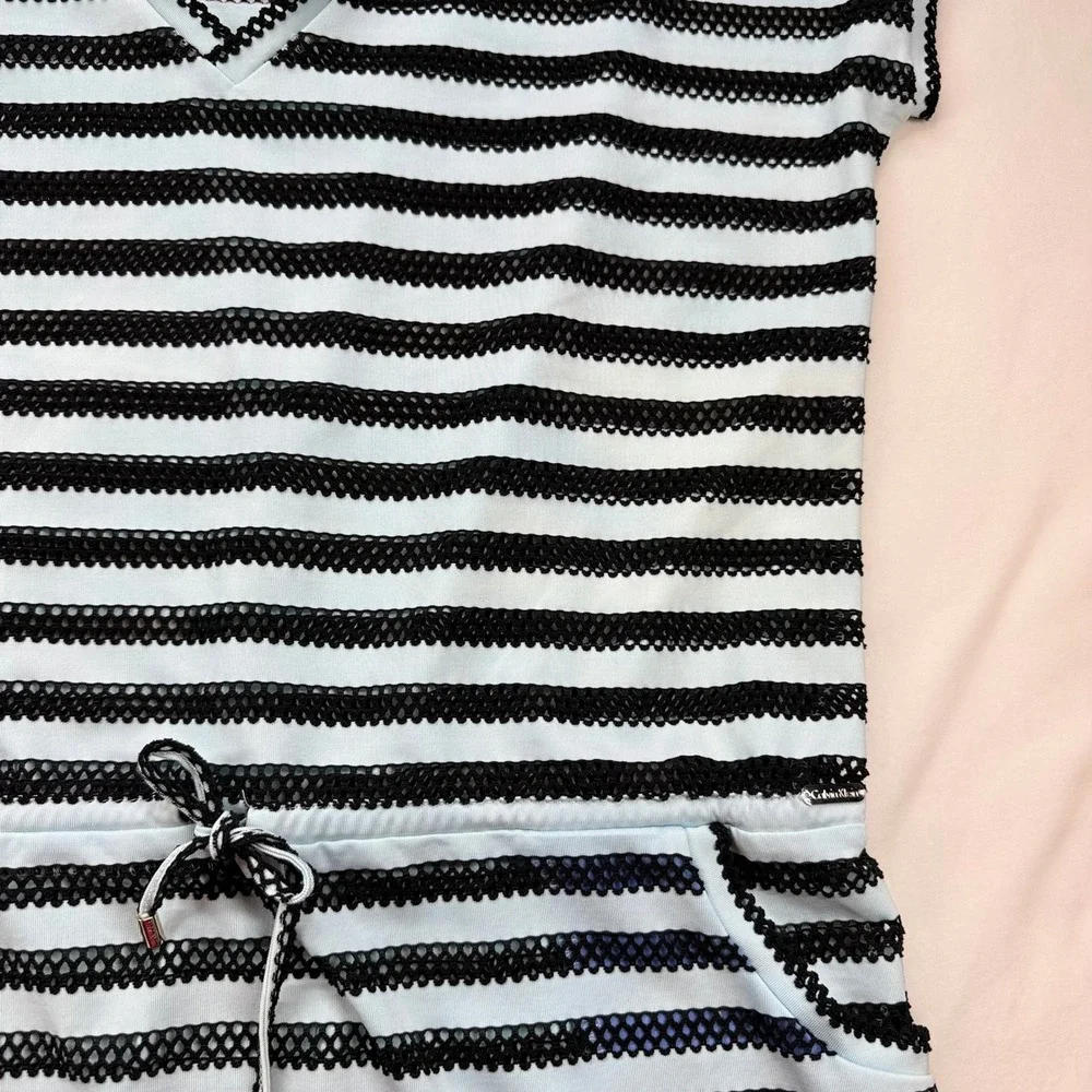Calvin Klein Striped Mesh‎ Swim Cover-Up Dress Blue Black V-Neck Pockets Large